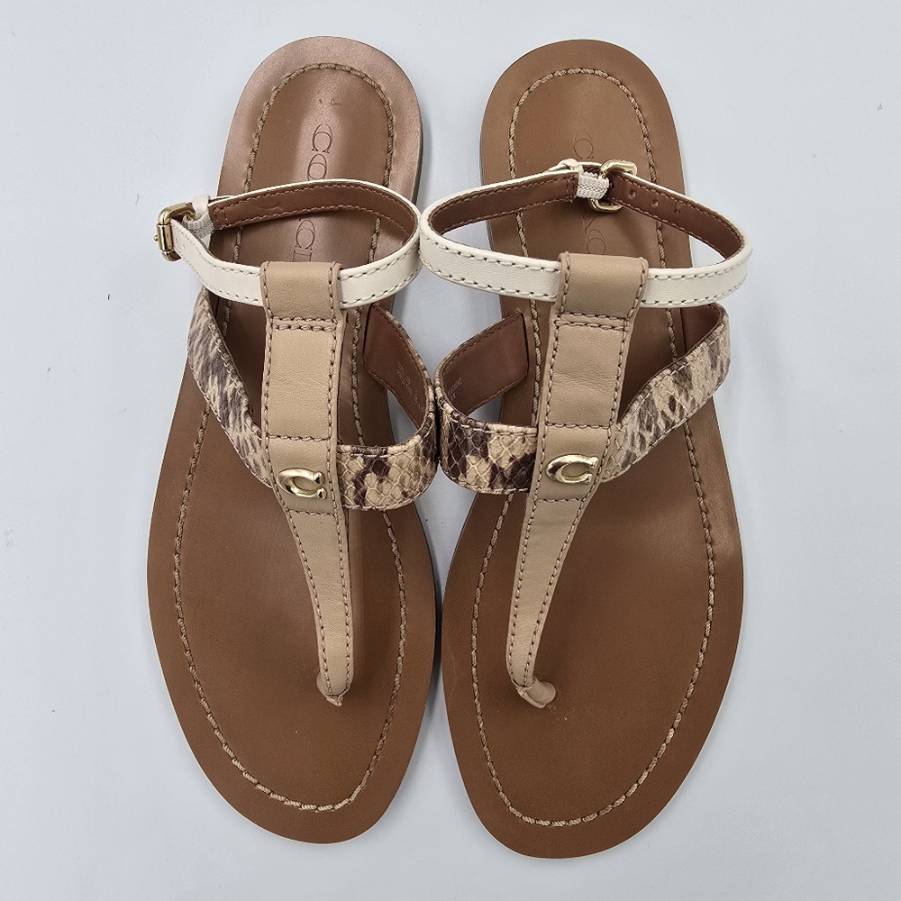COACH G3452 Snakeskin Print T Strap Flat Sandals Beige Ivory Ankle Buckle Sz 8.5